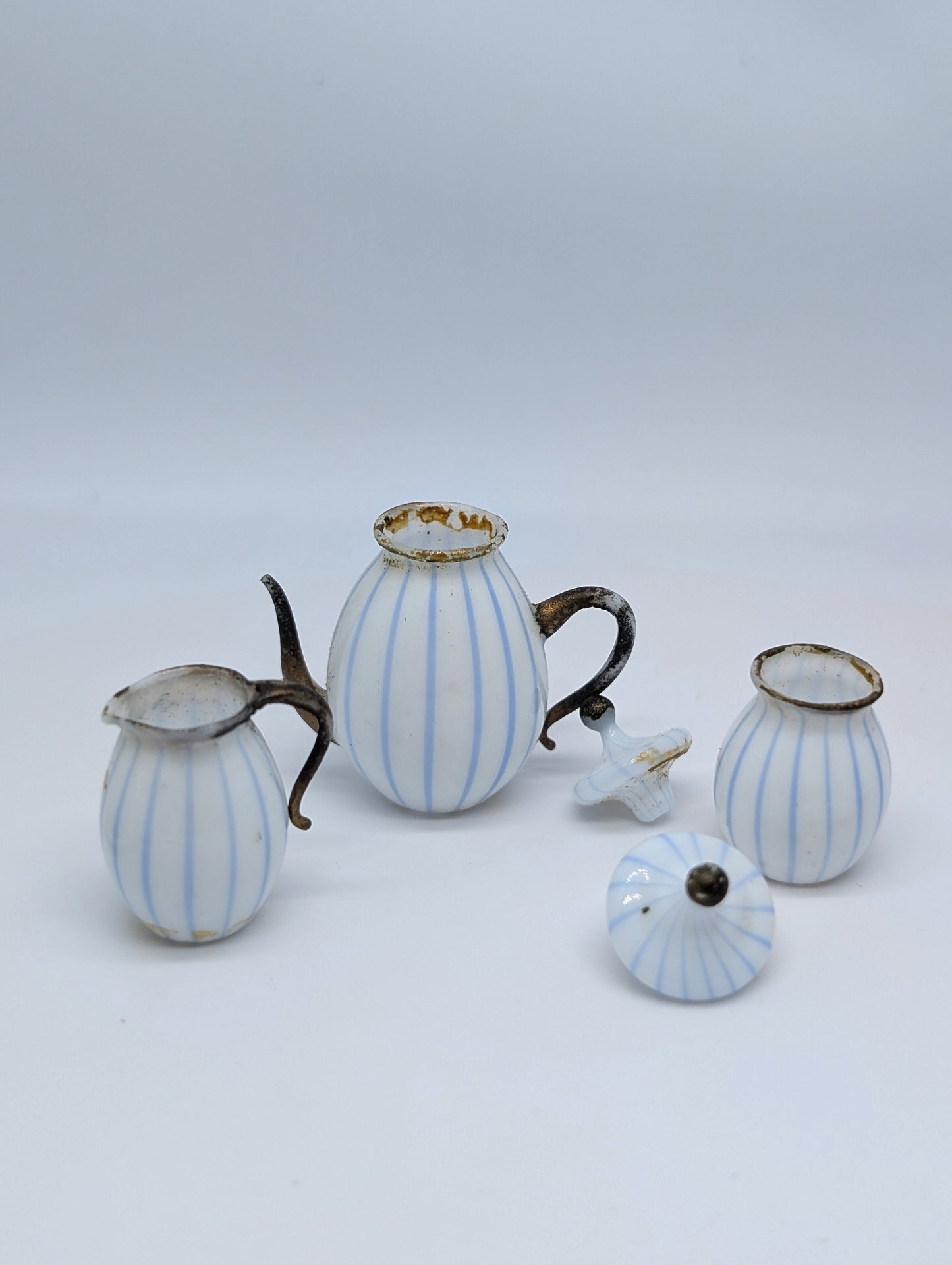 Miniature Blue and White Stripe Glass Coffee Set German 1900 possibly by Lauscha