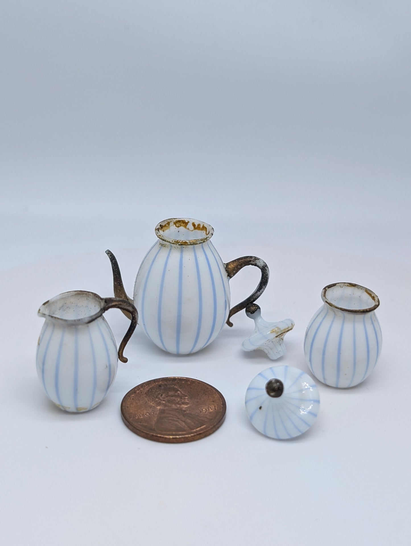 Miniature Blue and White Stripe Glass Coffee Set German 1900 possibly by Lauscha