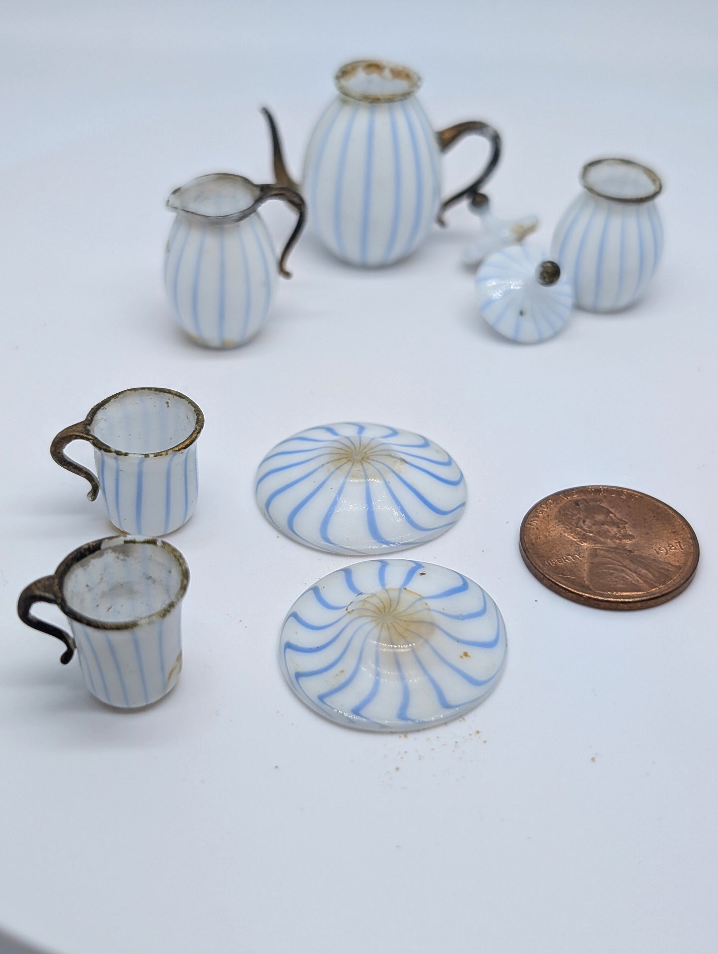 Miniature Blue and White Stripe Glass Coffee Set German 1900 possibly by Lauscha