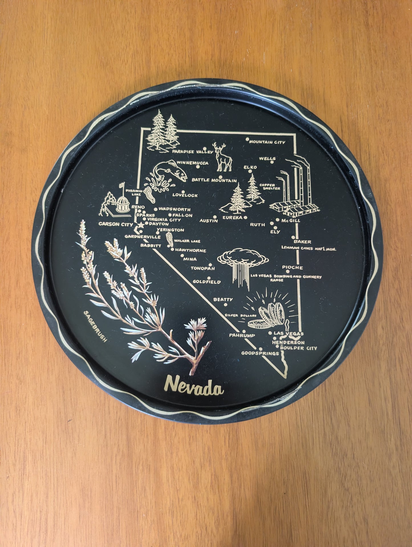 1960s Nevada USA State Black Round Metal Vintage Souvenir Serving Tray