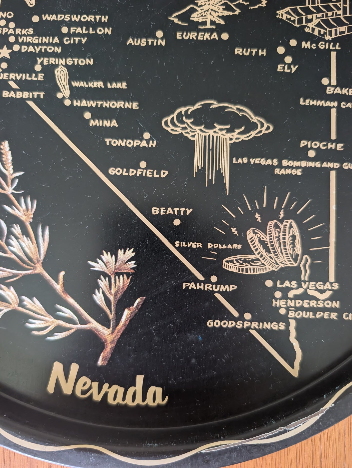 1960s Nevada USA State Black Round Metal Vintage Souvenir Serving Tray