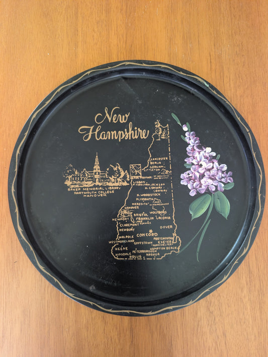 1960s New Hampshire USA State Black Round Metal Vintage Souvenir Serving Tray