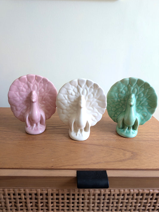 Set of 3 Vintage Ceramic Peacock Wall Planters Made in USA Pink Green and White