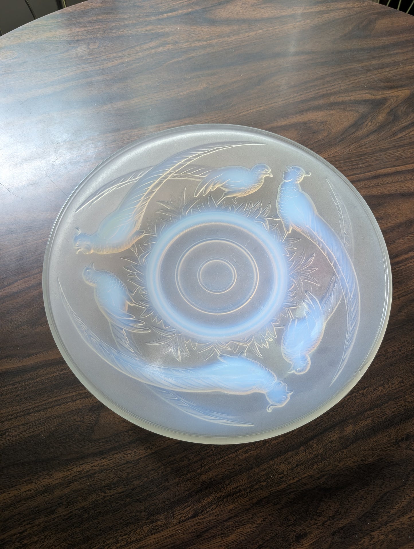 Large Vintage Opalescent Glass Dish with Pheasants with Very Small Chip