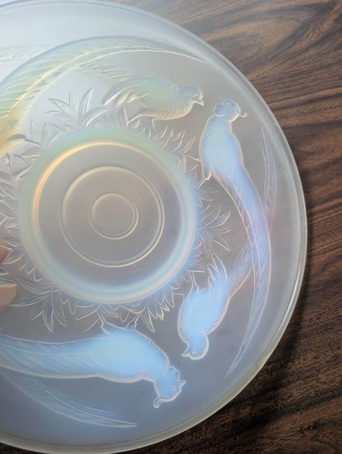 Large Vintage Opalescent Glass Dish with Pheasants with Very Small Chip