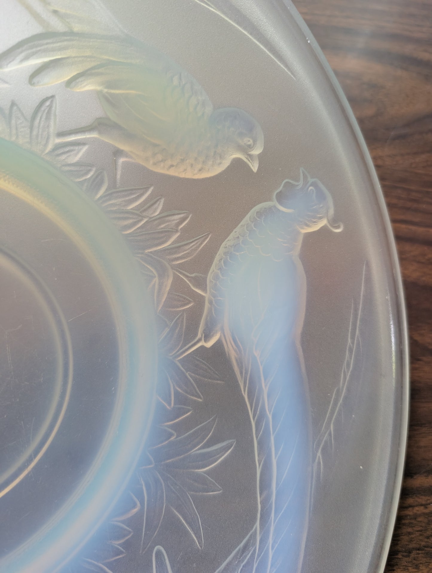 Large Vintage Opalescent Glass Dish with Pheasants with Very Small Chip