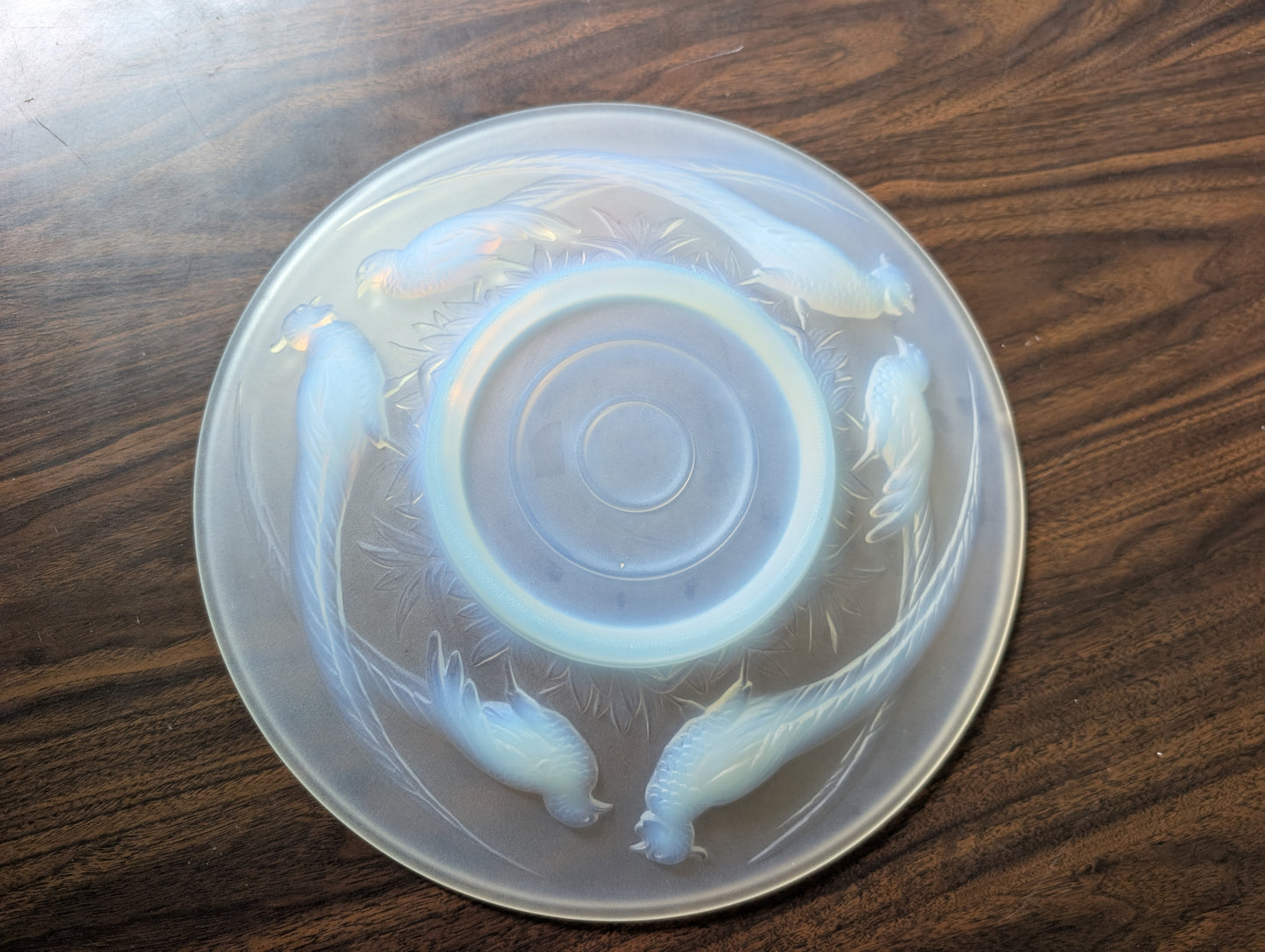 Large Vintage Opalescent Glass Dish with Pheasants with Very Small Chip