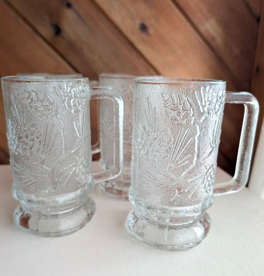 Set of 4 Tiara Ponderosa Pine Pinecone Clear Mugs Vintage from 1980s