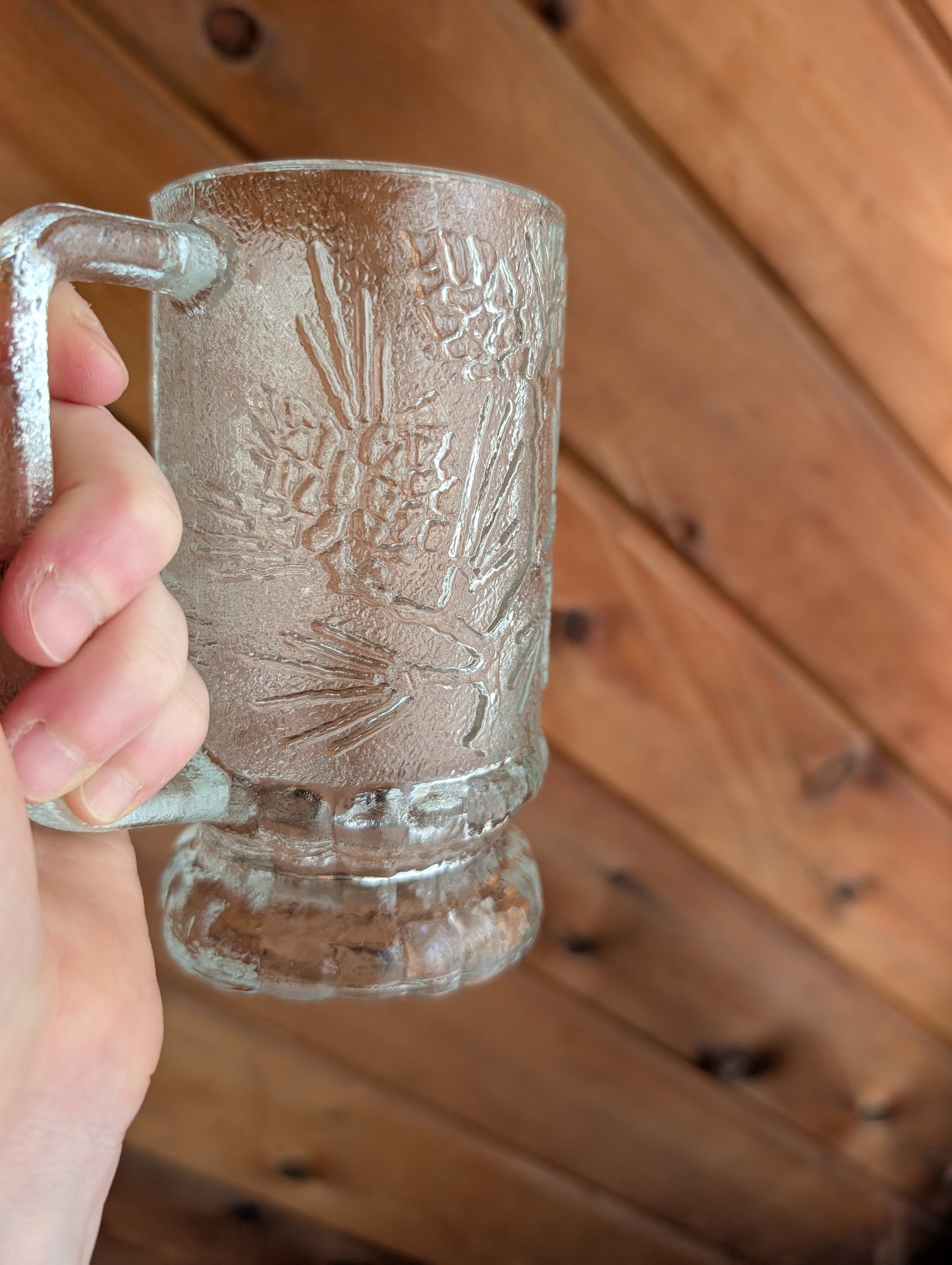 Set of 4 Tiara Ponderosa Pine Pinecone Clear Mugs Vintage from 1980s