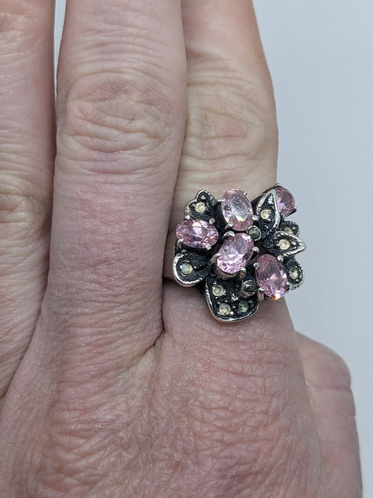 Pink Floral Ring Sterling Silver Size 6.5