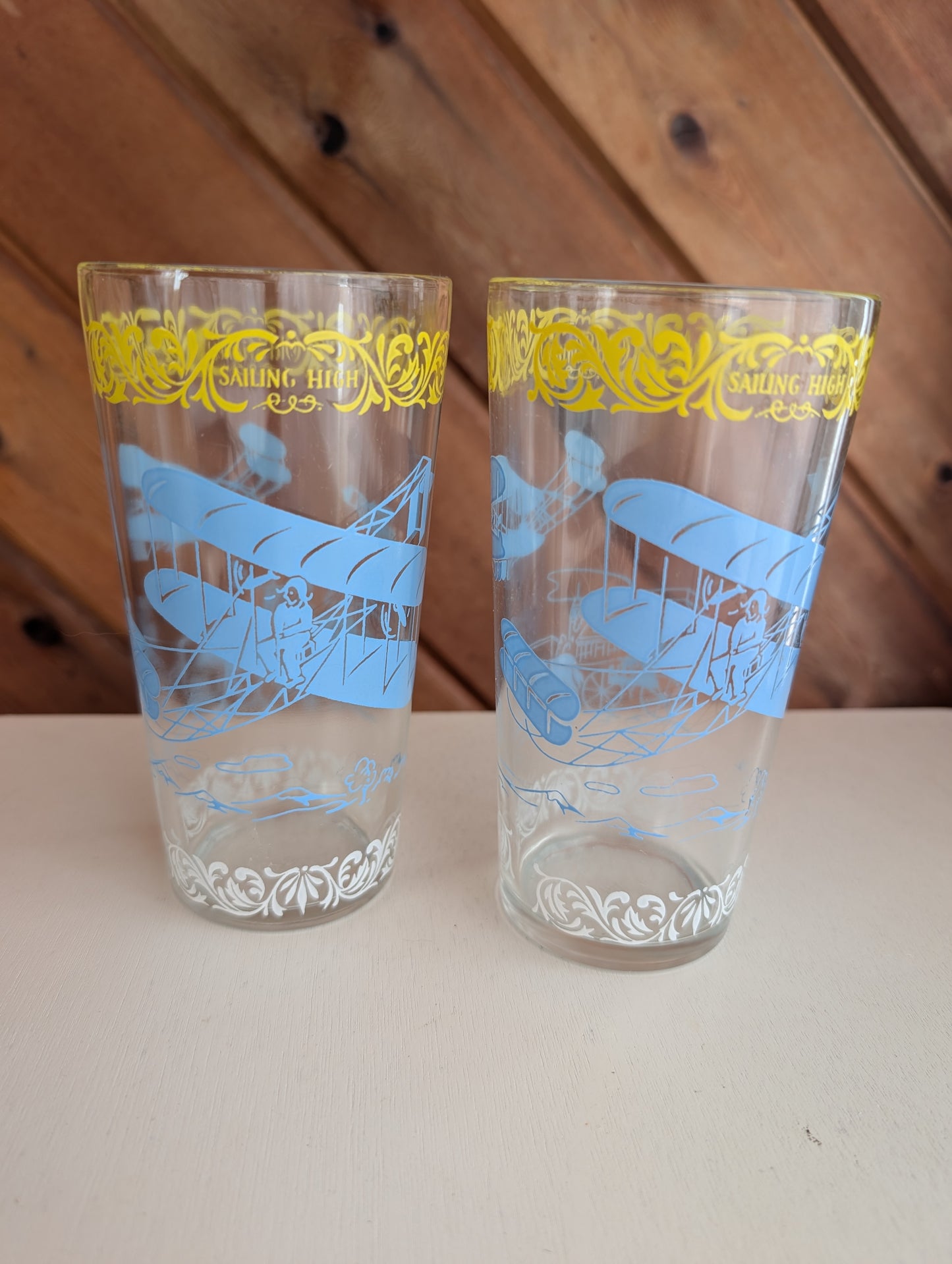 Pair of Hazel Atlas Old Times' Vintage Tumblers Airplanes Sailing High Glasses