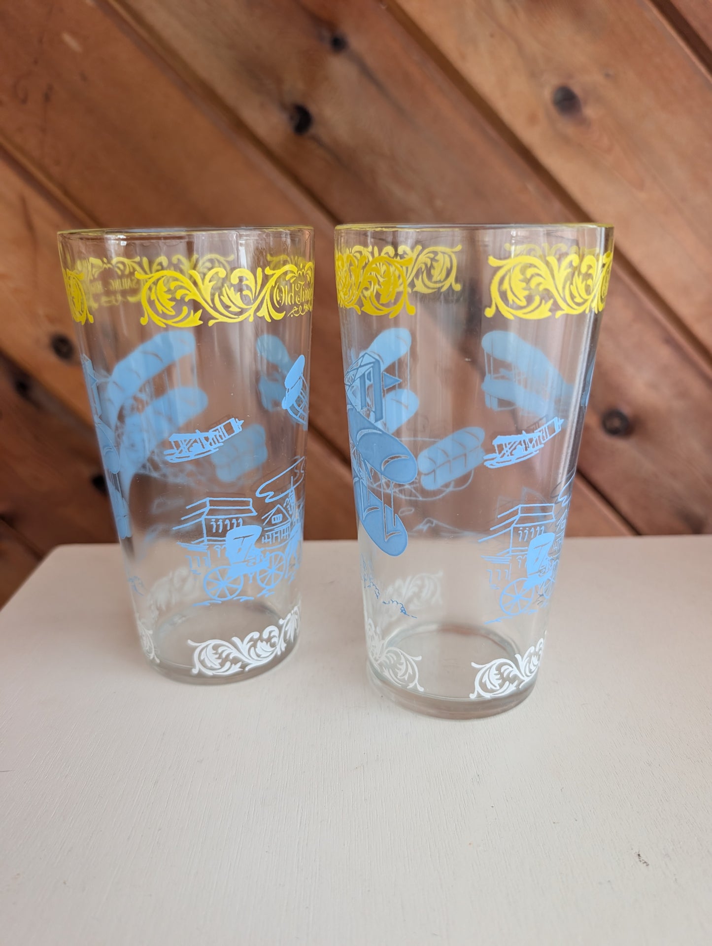 Pair of Hazel Atlas Old Times' Vintage Tumblers Airplanes Sailing High Glasses