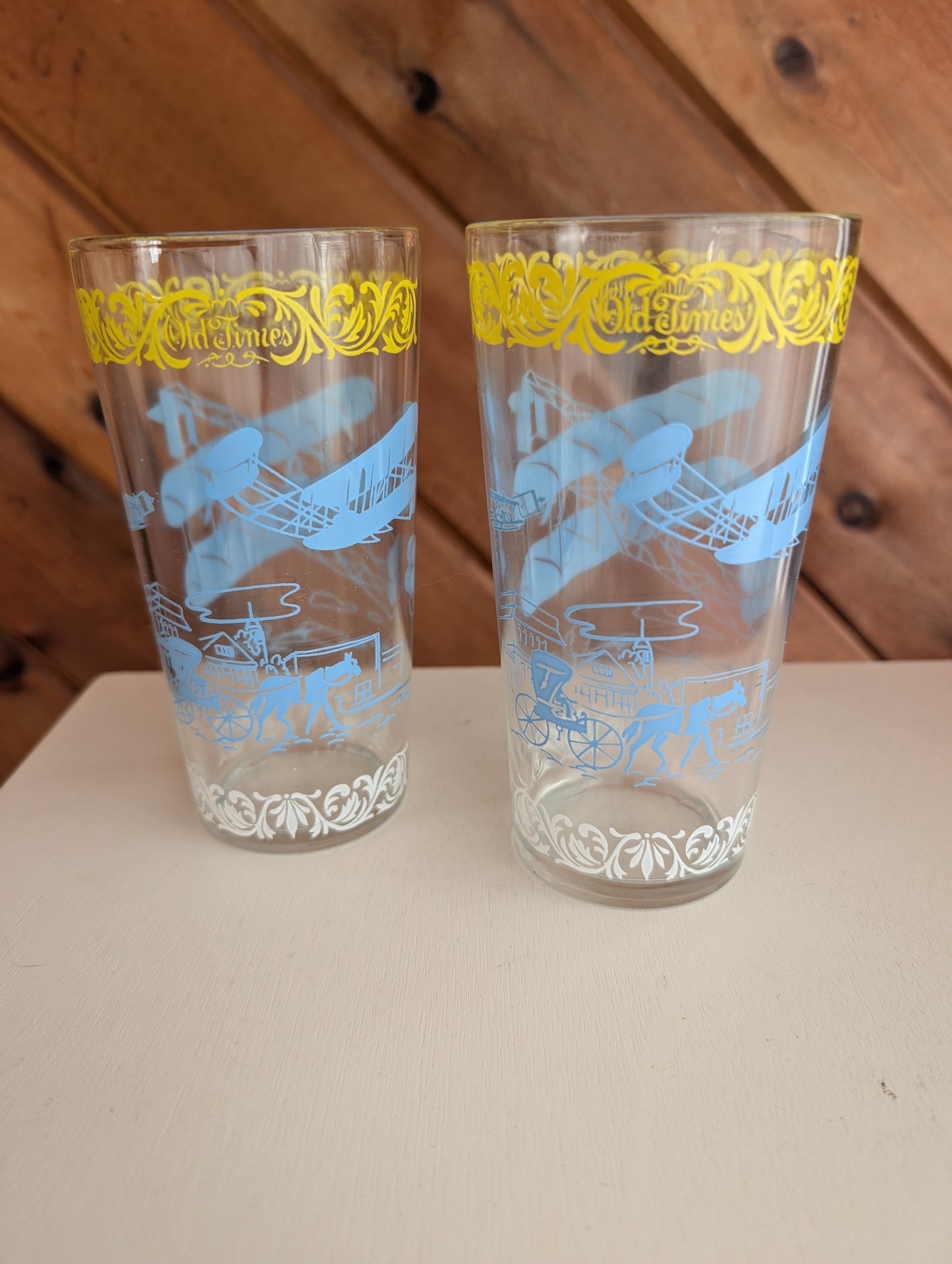 Pair of Hazel Atlas Old Times' Vintage Tumblers Airplanes Sailing High Glasses