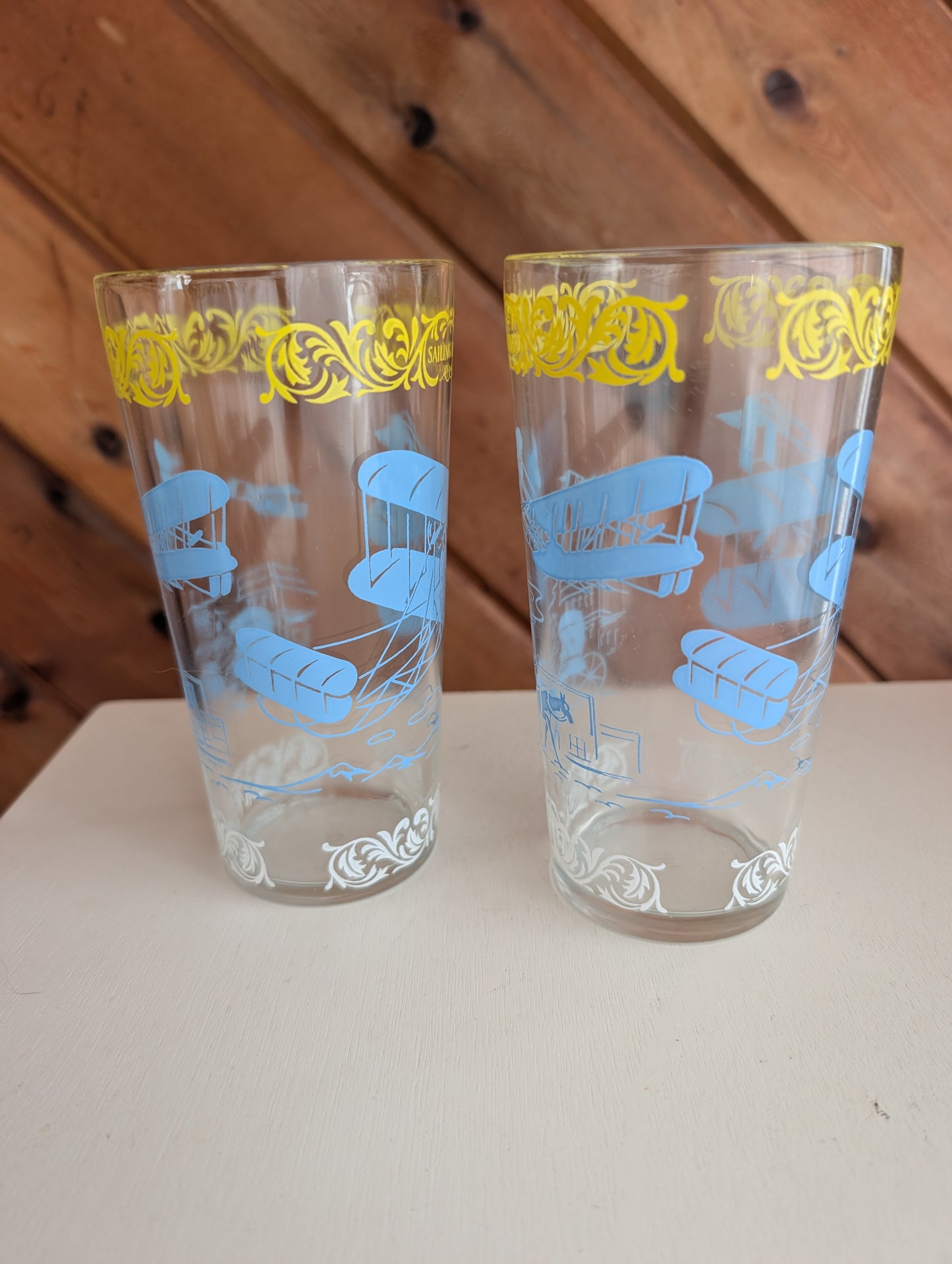 Pair of Hazel Atlas Old Times' Vintage Tumblers Airplanes Sailing High Glasses