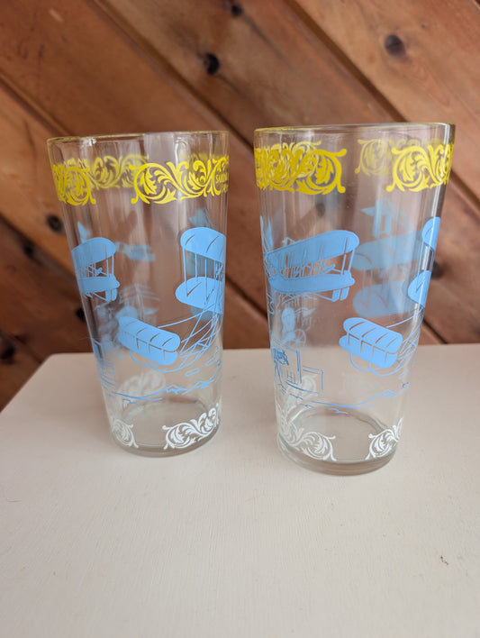 Pair of Hazel Atlas Old Times' Vintage Tumblers Airplanes Sailing High Glasses