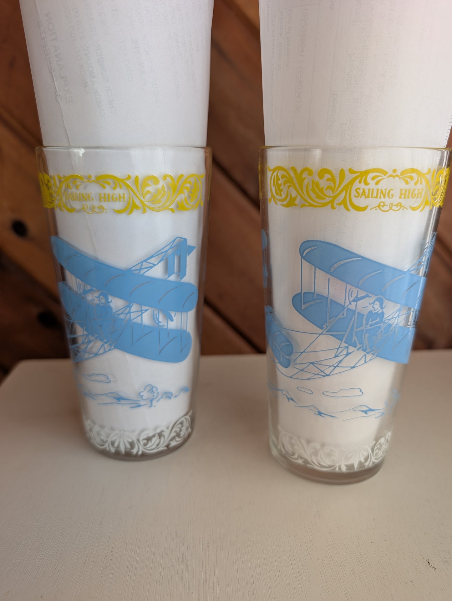 Pair of Hazel Atlas Old Times' Vintage Tumblers Airplanes Sailing High Glasses