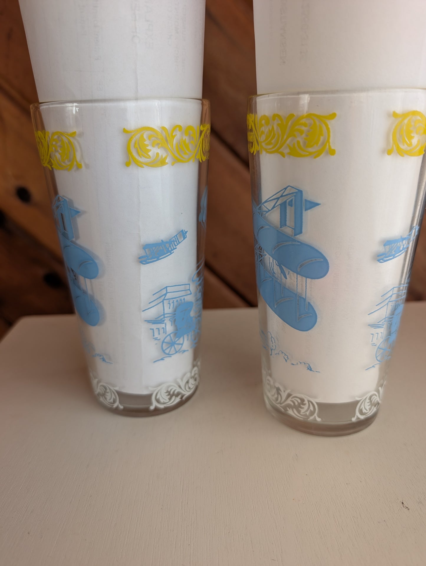 Pair of Hazel Atlas Old Times' Vintage Tumblers Airplanes Sailing High Glasses