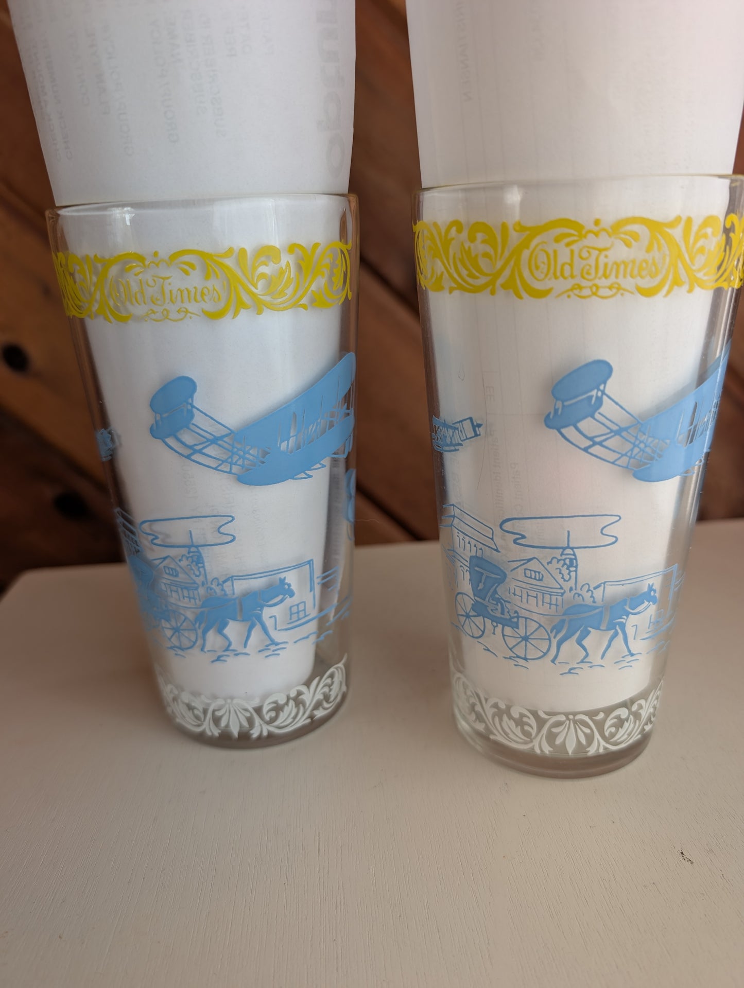 Pair of Hazel Atlas Old Times' Vintage Tumblers Airplanes Sailing High Glasses