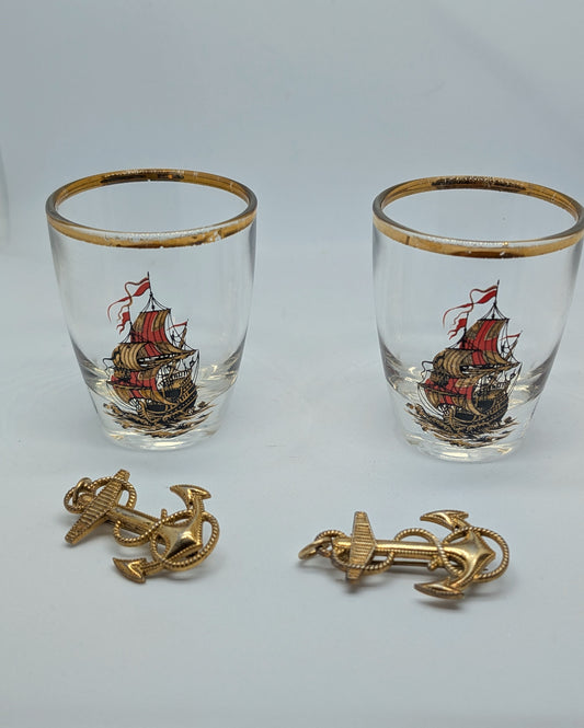 French Ship Shot Glasses and Pair of Anchor Pins