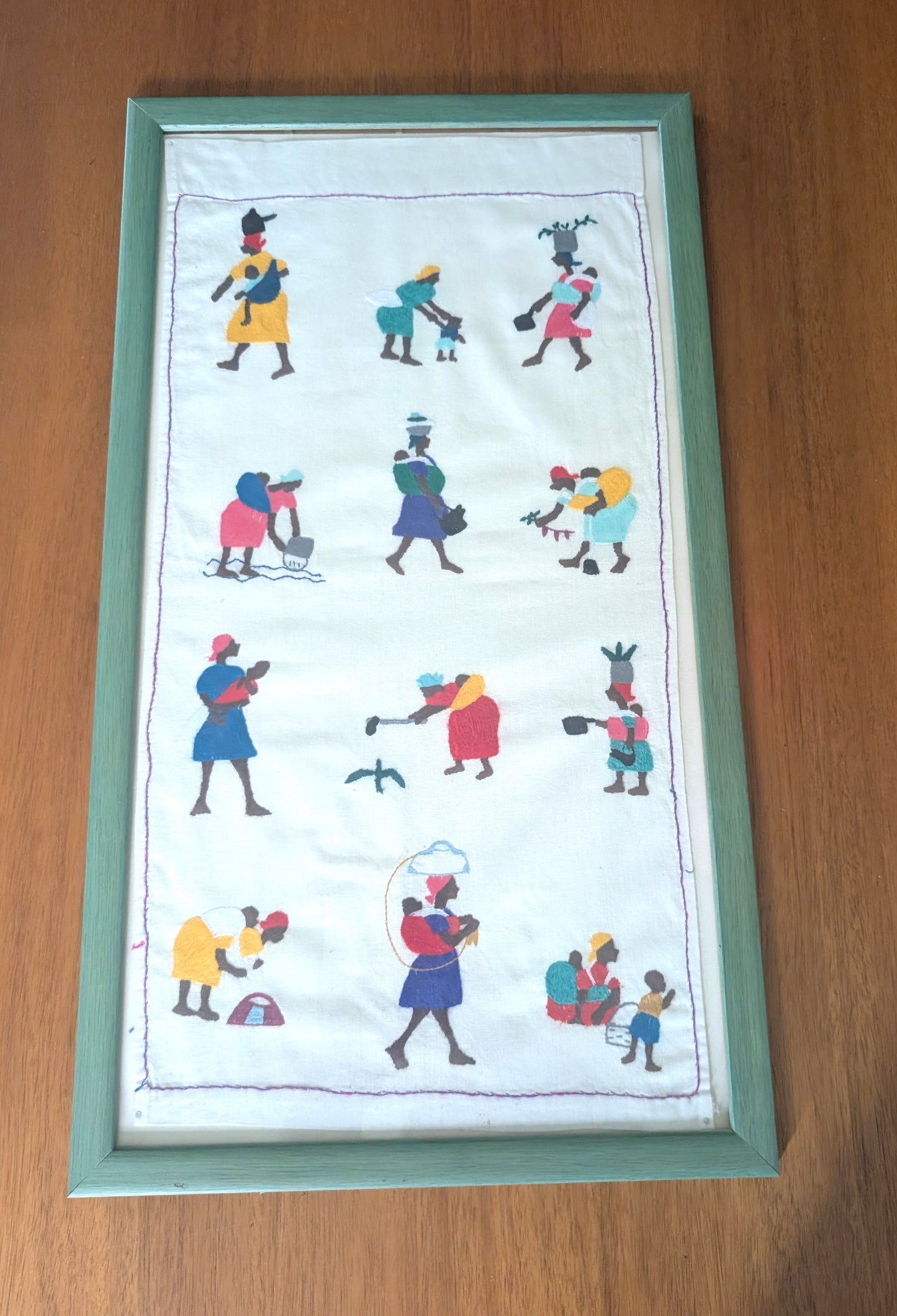 Framed Vintage South African Textile Hand Made Village Art ,  24 1/4" x 13 1/2"