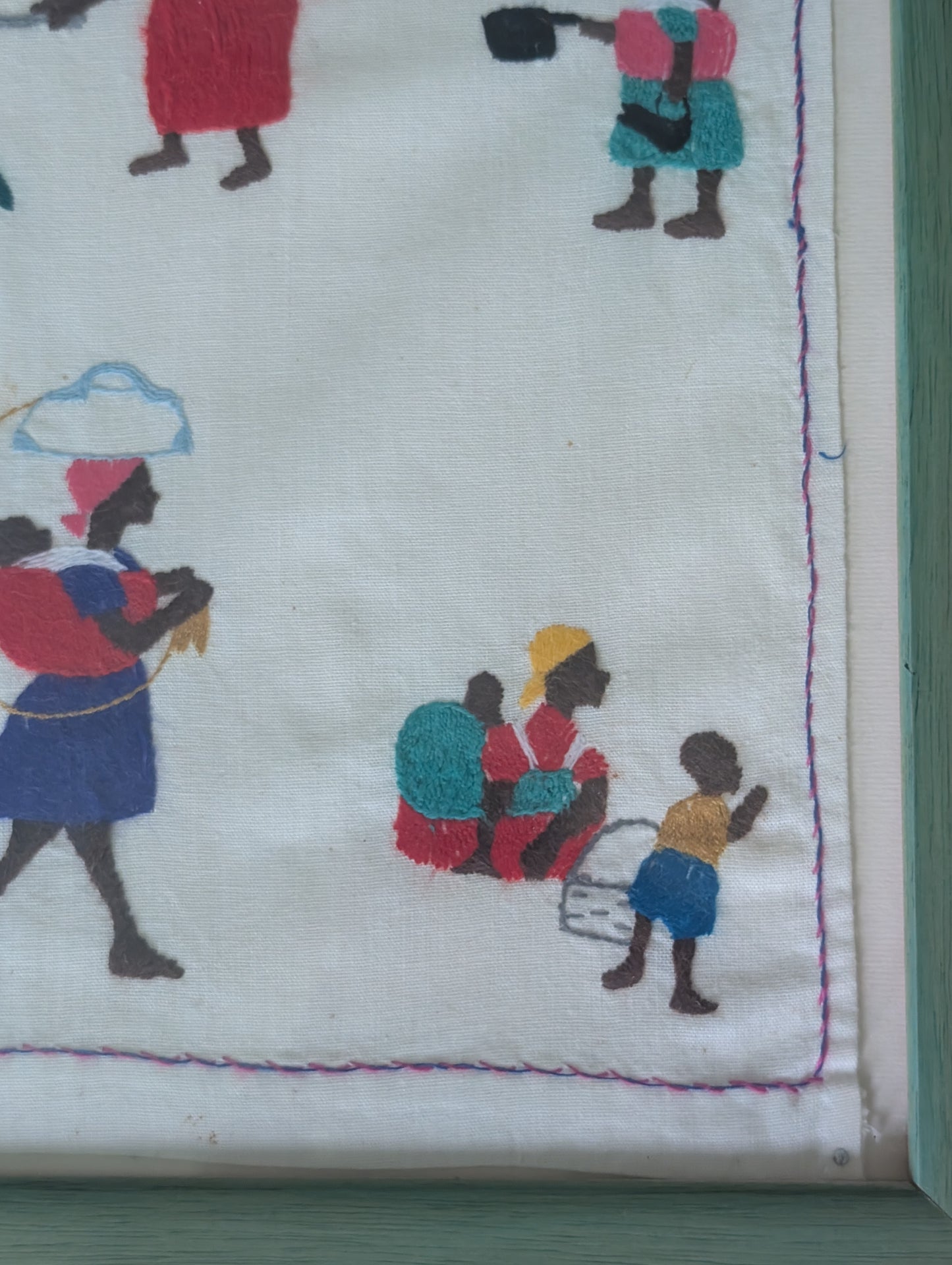 Framed Vintage South African Textile Hand Made Village Art ,  24 1/4" x 13 1/2"