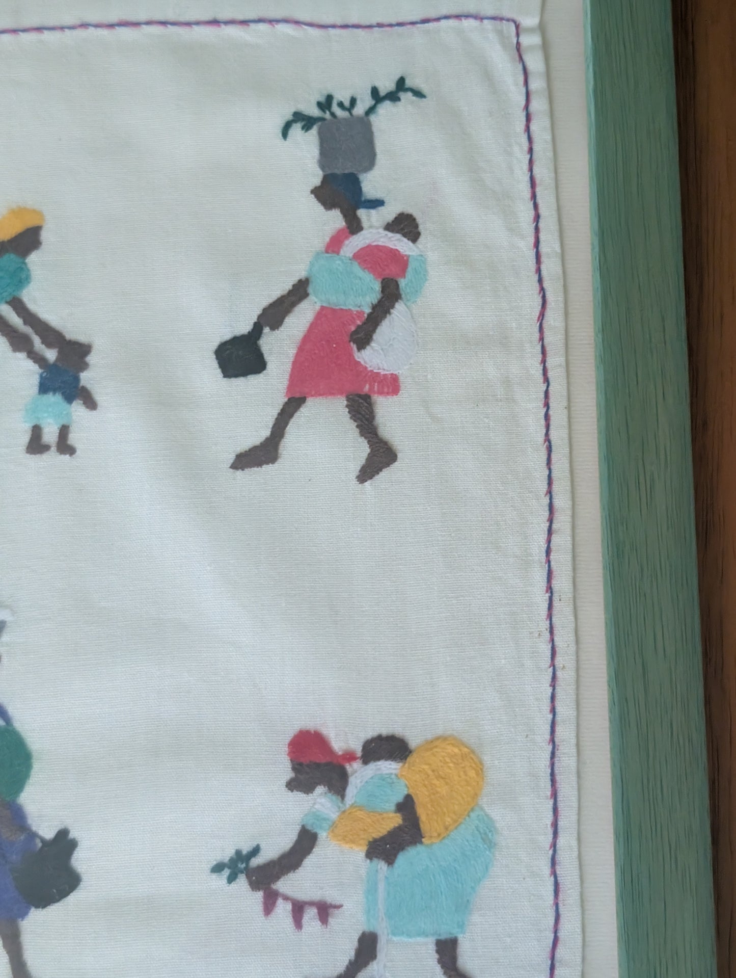 Framed Vintage South African Textile Hand Made Village Art ,  24 1/4" x 13 1/2"