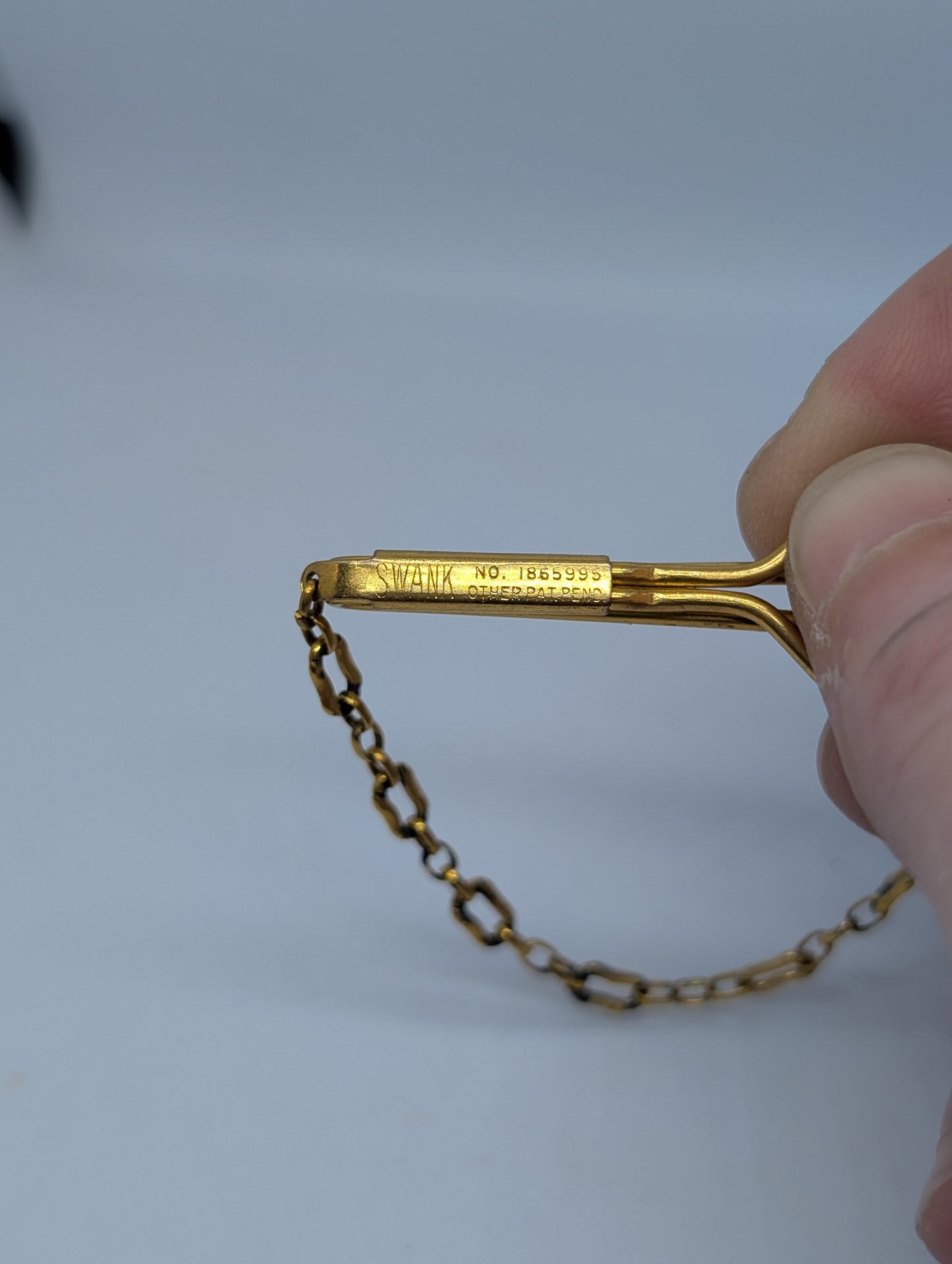 Vintage Swank Tie Clip with Chain Gold Tone No 1865995 Other Pat Pend
