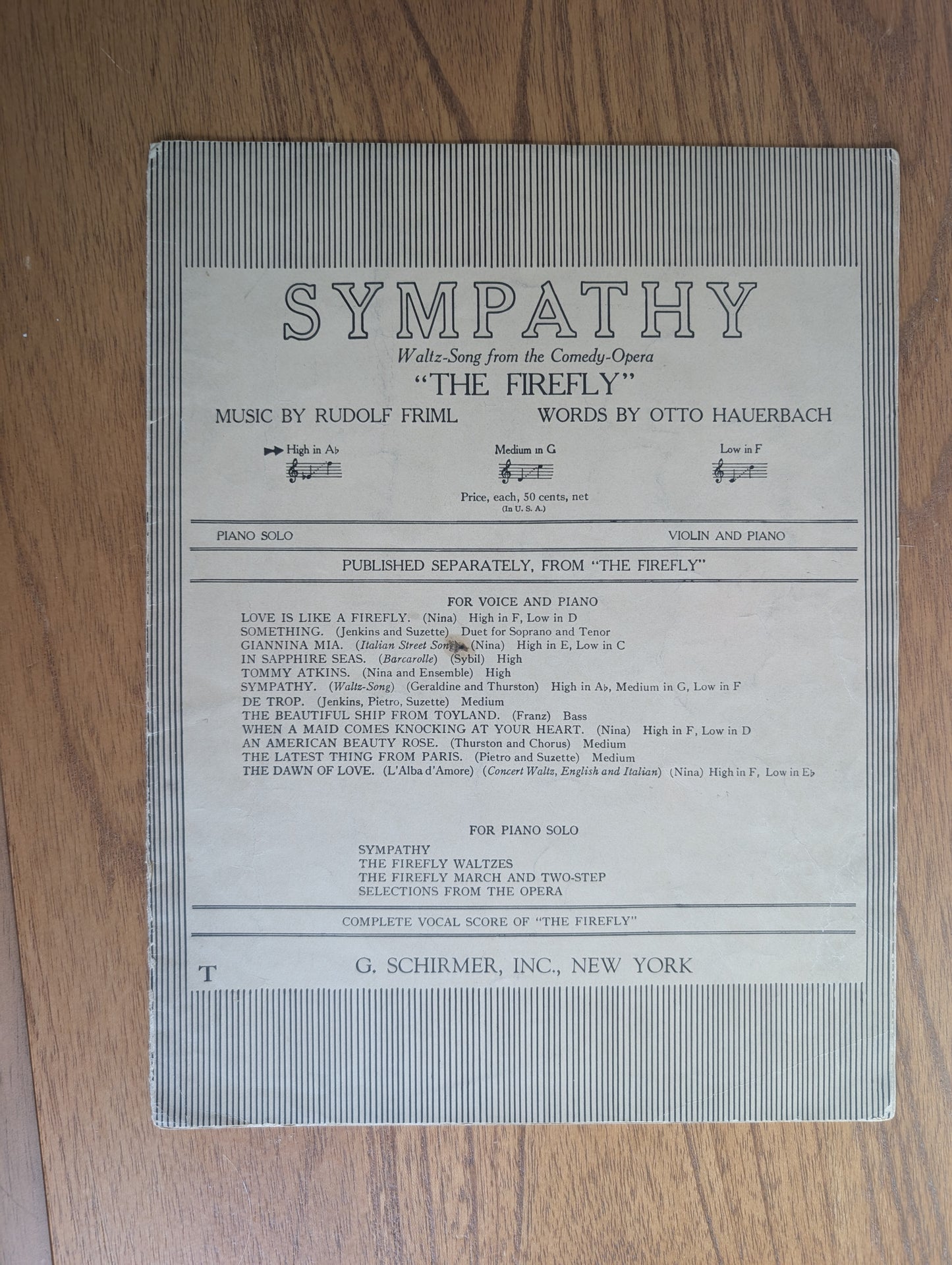 Sympathy Original Sheet Music from 1912 Comedy Opera The Firefly