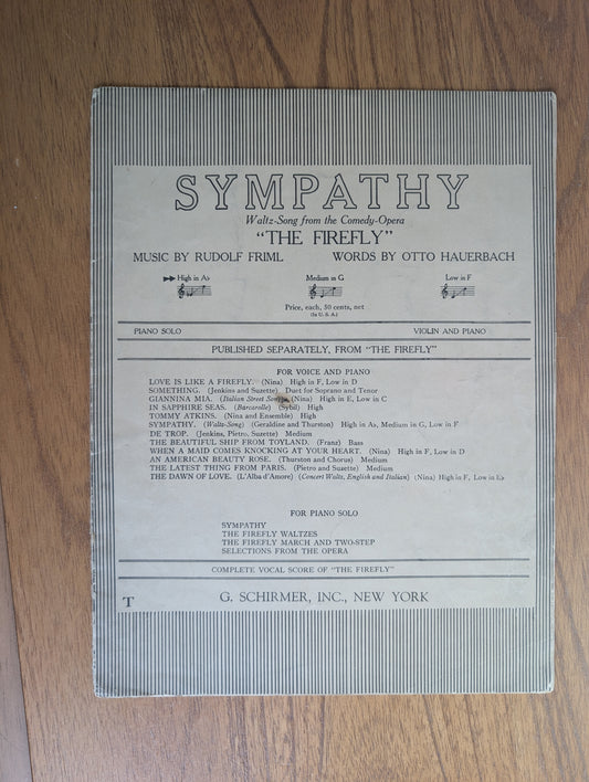 Sympathy Original Sheet Music from 1912 Comedy Opera The Firefly