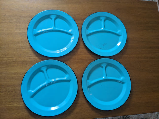 4 Teal Enamel Plates Divided for Camping