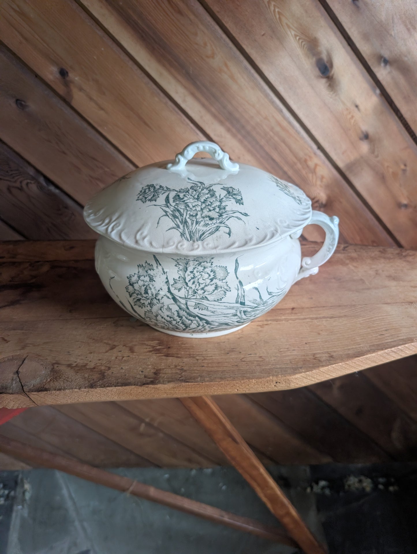 Stoneware Transferware Chamber Pot with Lid Green Floral Design Antique Toilet