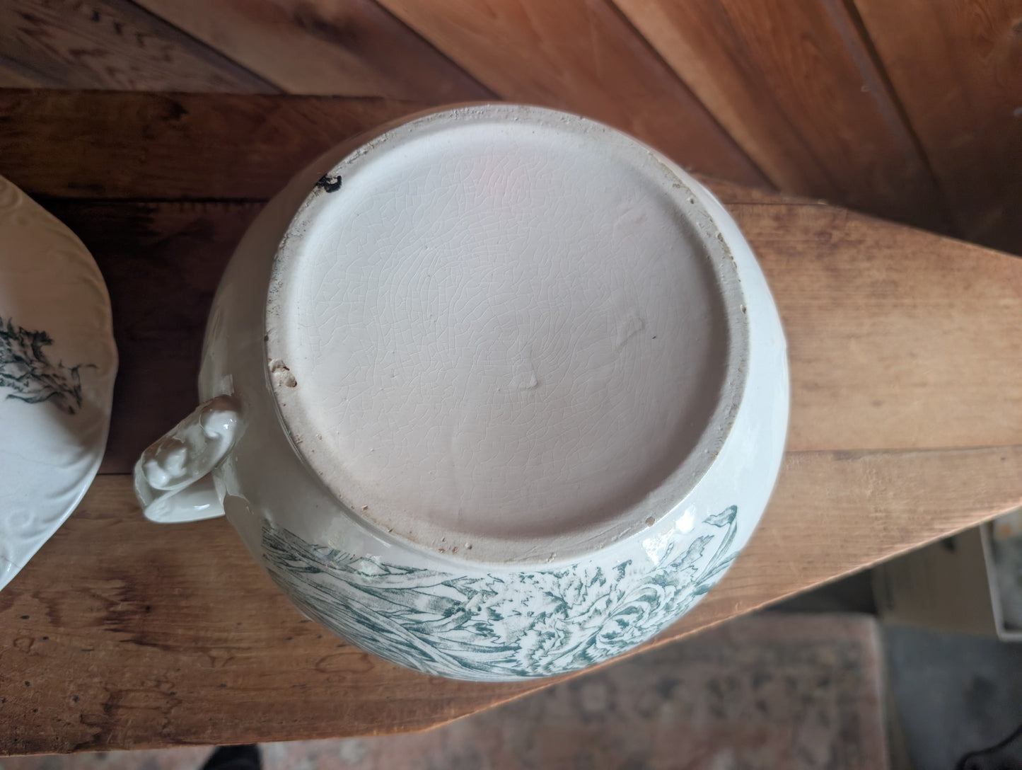 Stoneware Transferware Chamber Pot with Lid Green Floral Design Antique Toilet
