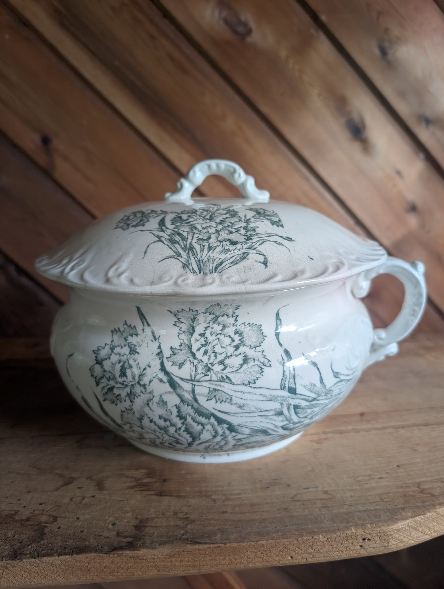 Stoneware Transferware Chamber Pot with Lid Green Floral Design Antique Toilet