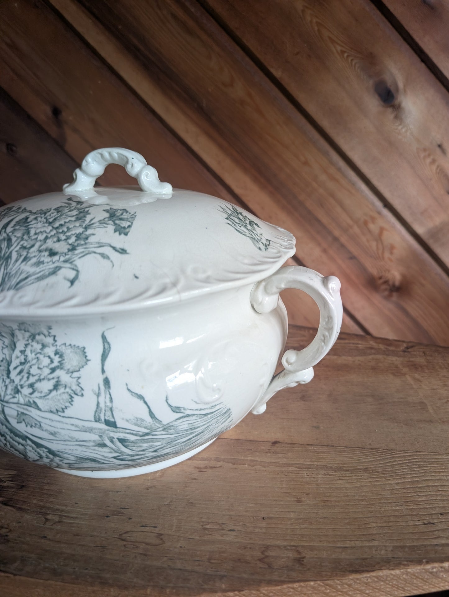 Stoneware Transferware Chamber Pot with Lid Green Floral Design Antique Toilet