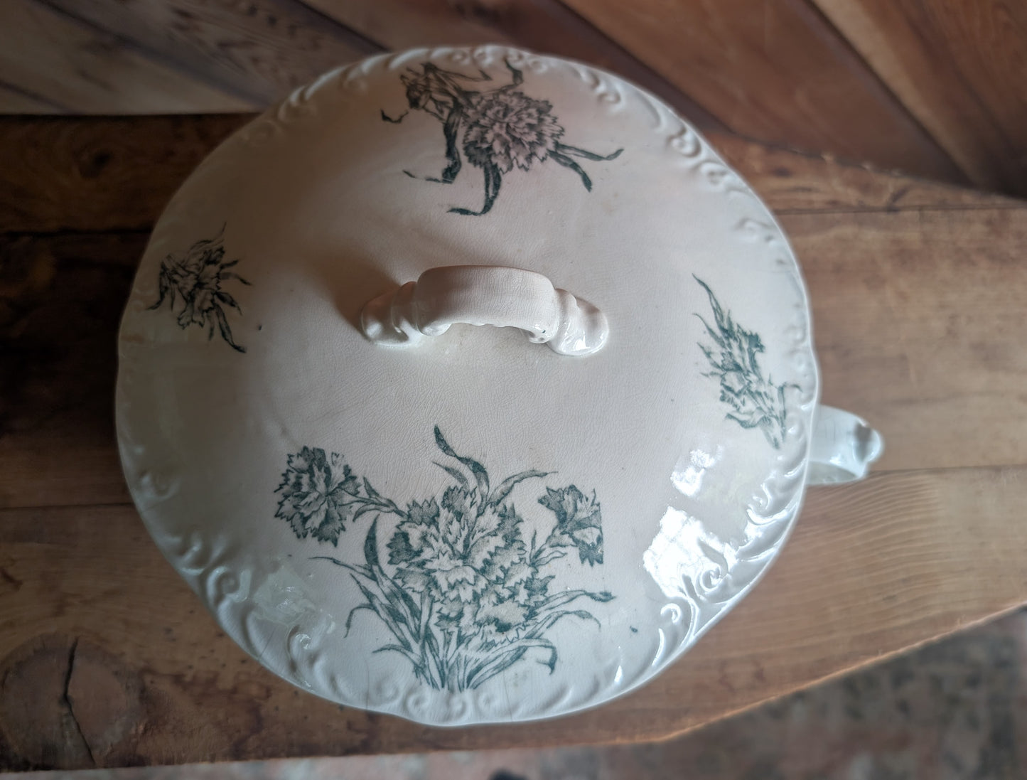 Stoneware Transferware Chamber Pot with Lid Green Floral Design Antique Toilet
