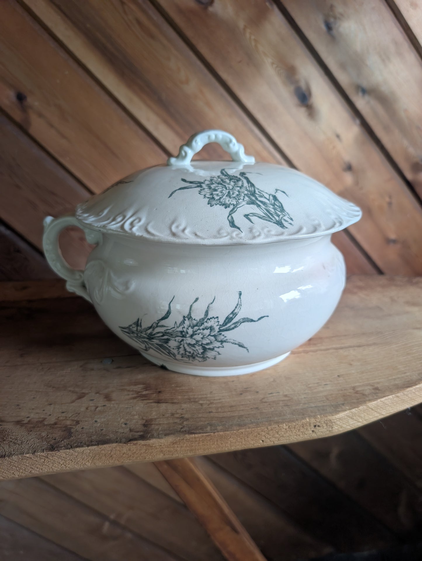 Stoneware Transferware Chamber Pot with Lid Green Floral Design Antique Toilet
