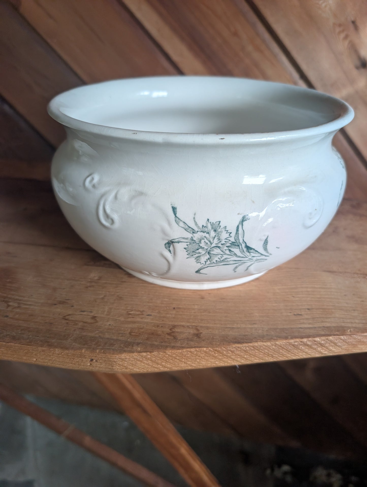 Stoneware Transferware Chamber Pot with Lid Green Floral Design Antique Toilet