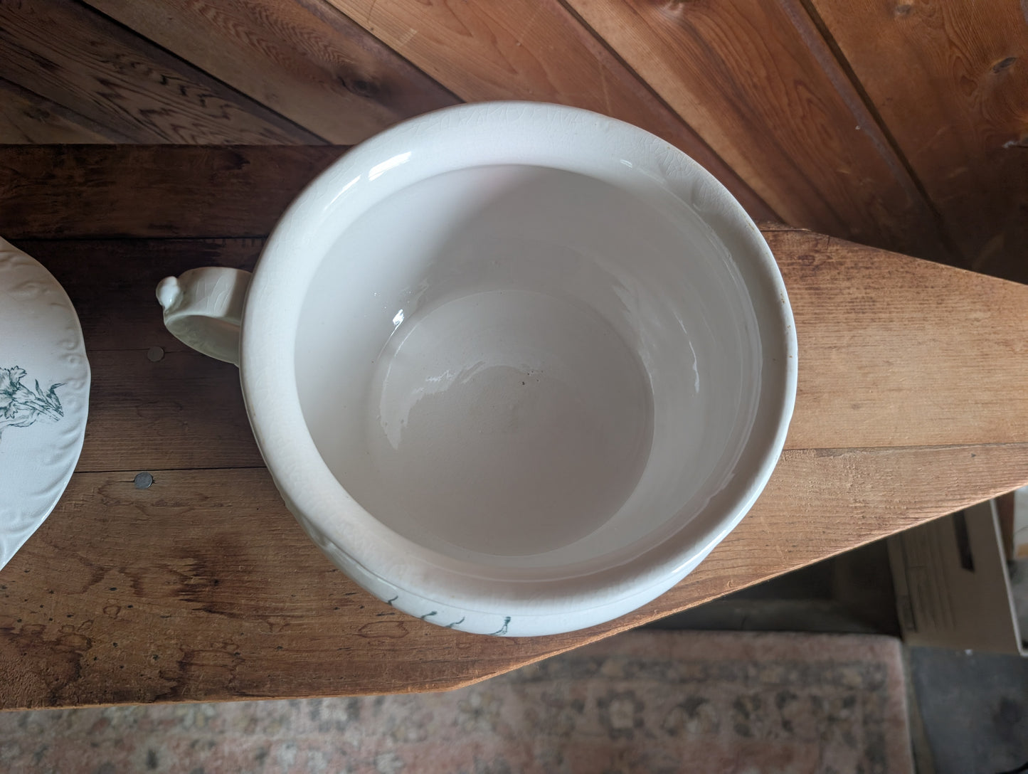 Stoneware Transferware Chamber Pot with Lid Green Floral Design Antique Toilet