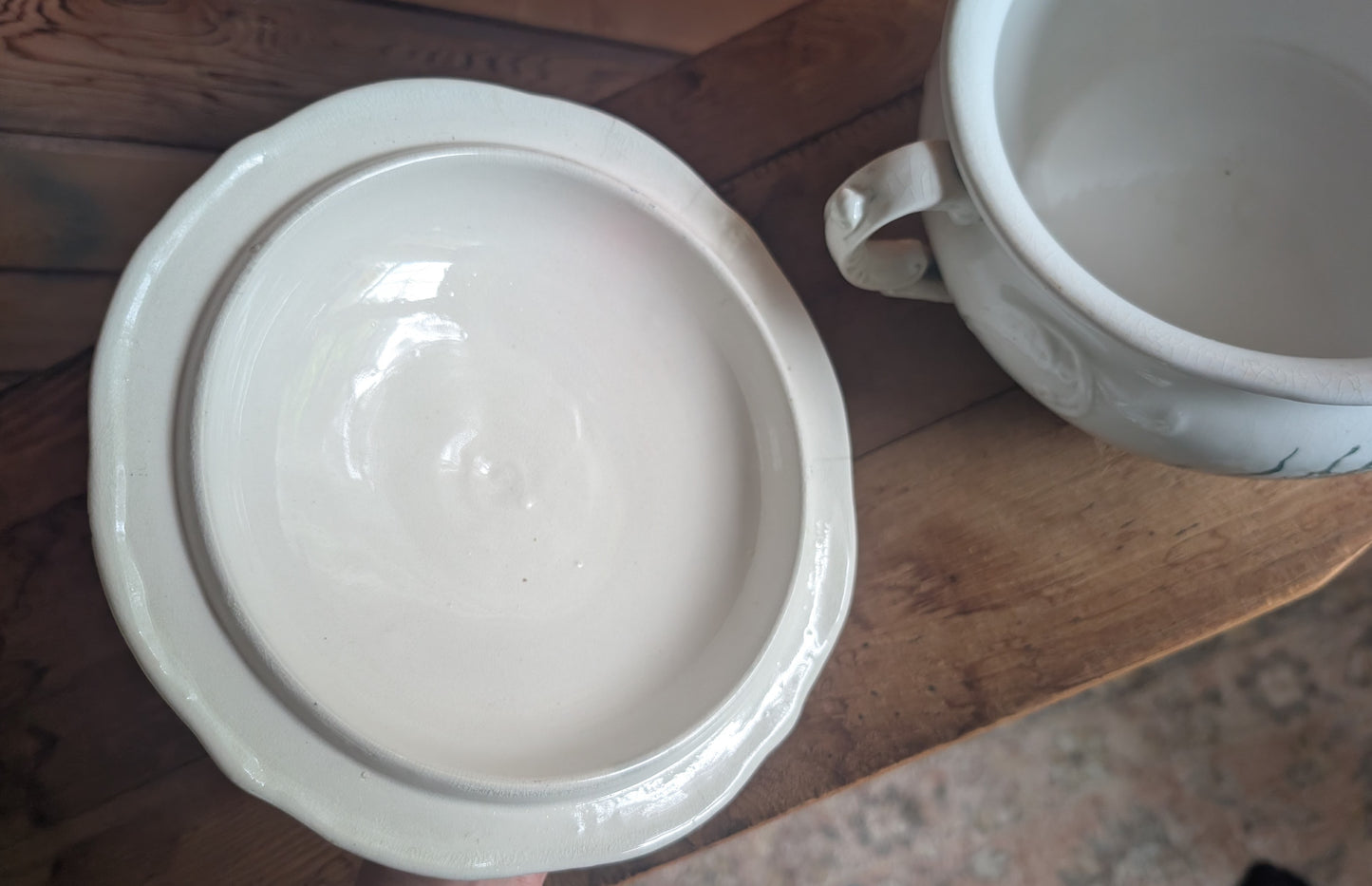 Stoneware Transferware Chamber Pot with Lid Green Floral Design Antique Toilet