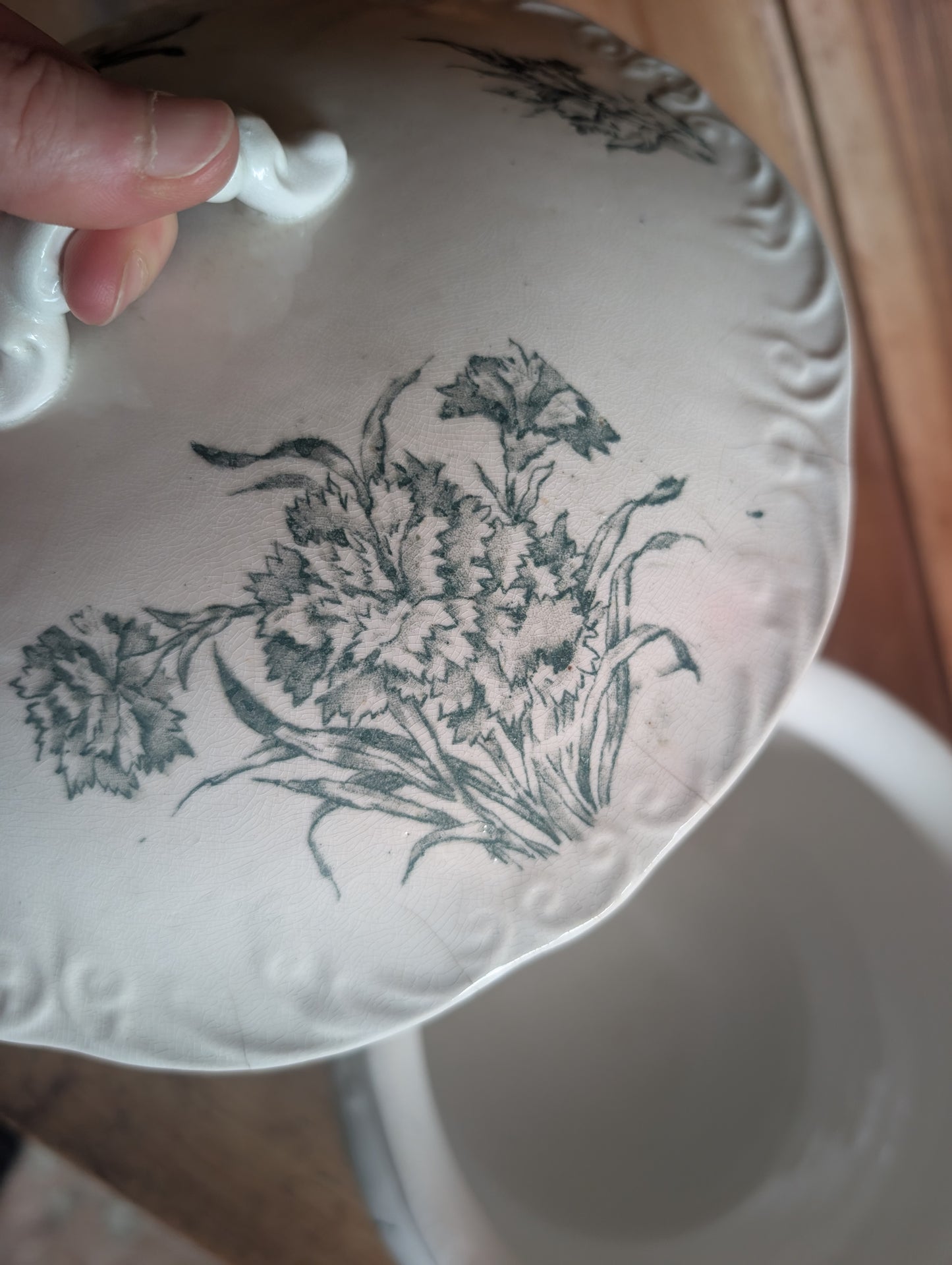Stoneware Transferware Chamber Pot with Lid Green Floral Design Antique Toilet