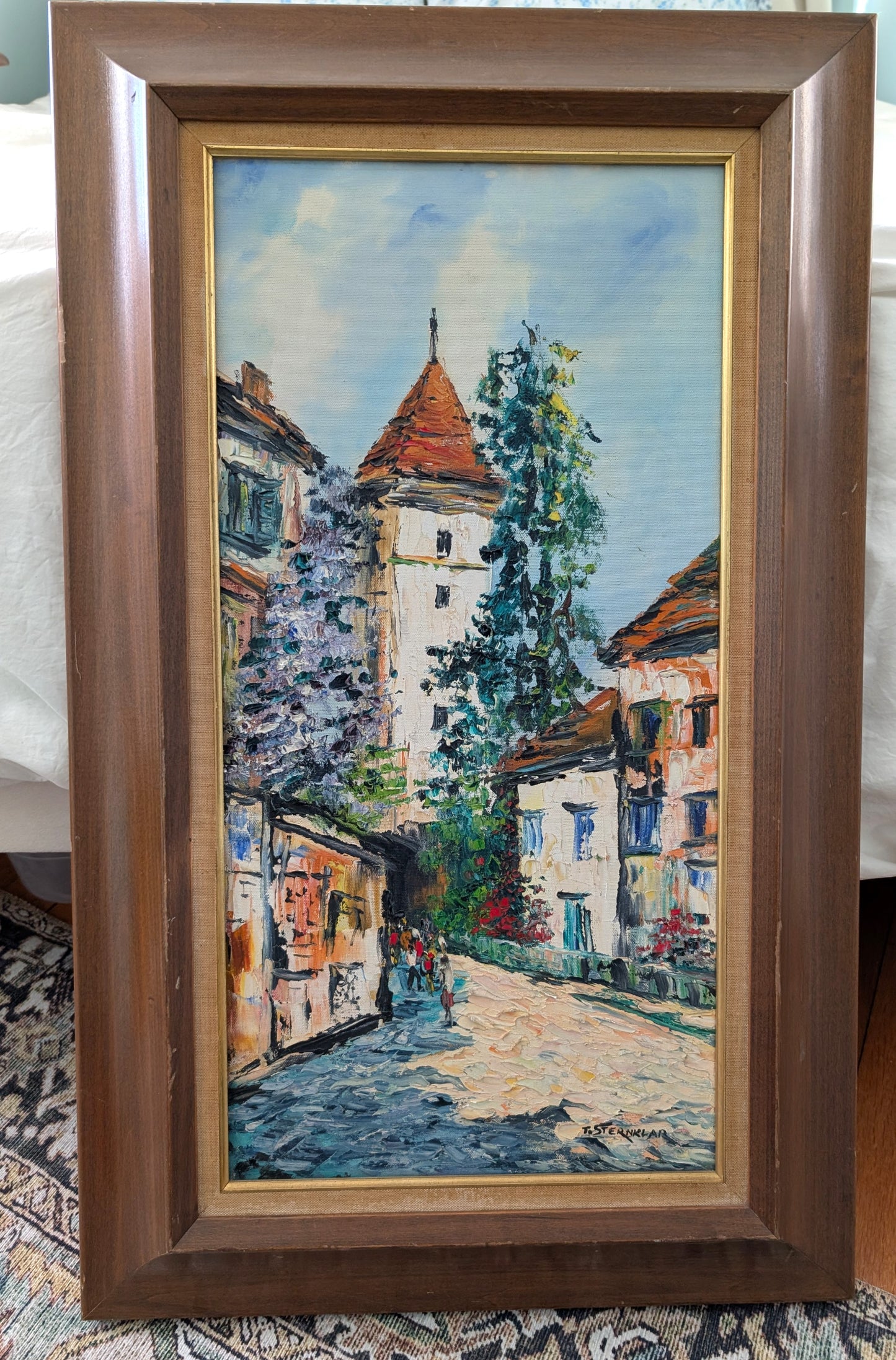 Signed Oil Painting of European Village