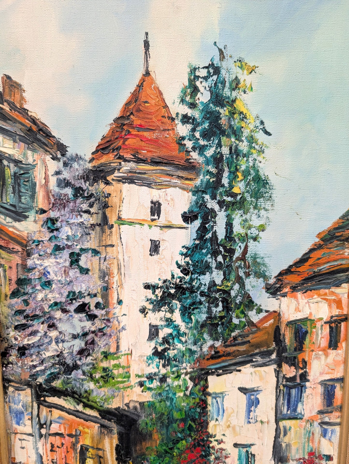 Signed Oil Painting of European Village