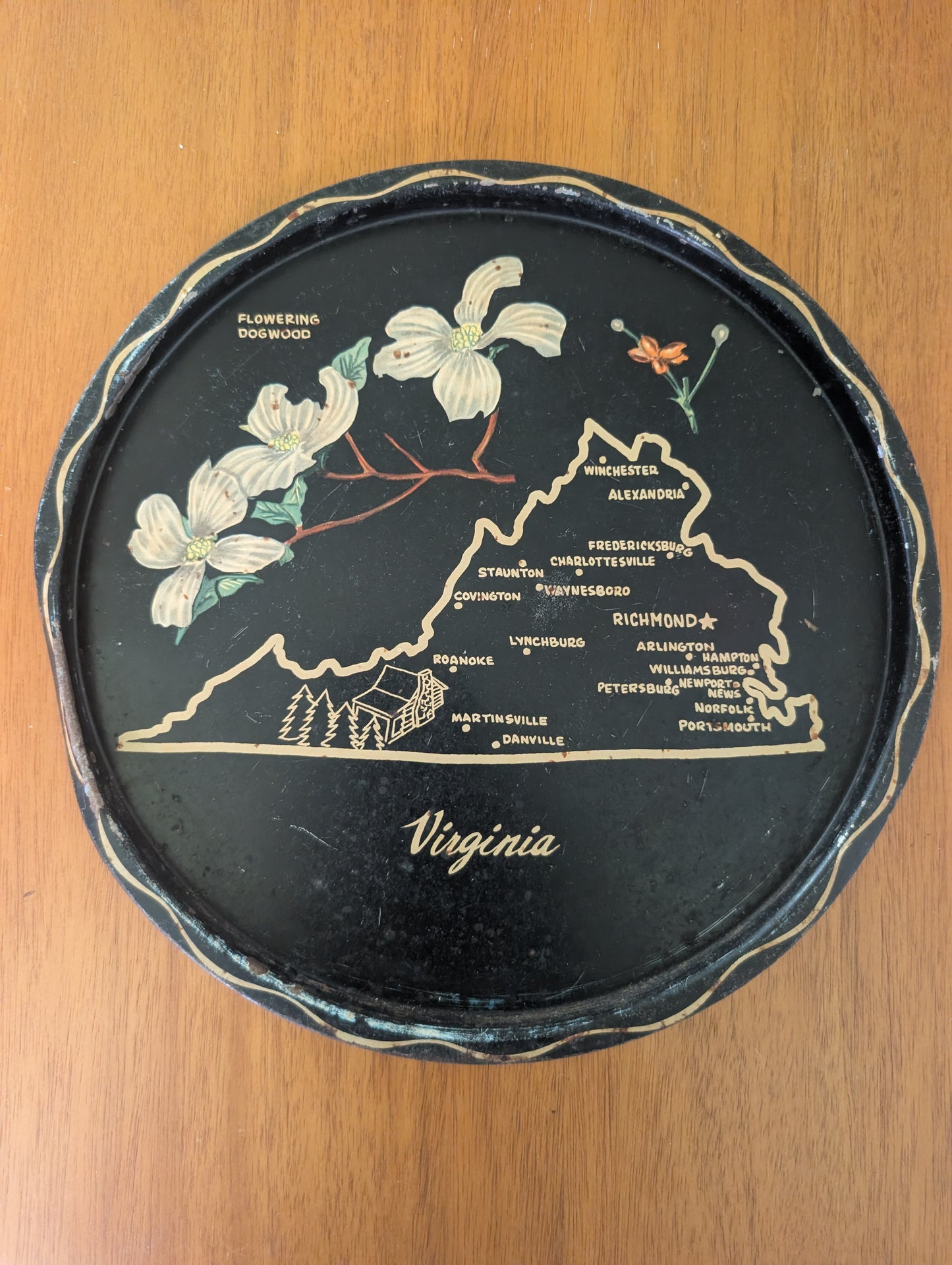 1960s Virginia USA State Black Round Metal Vintage Souvenir Serving Tray