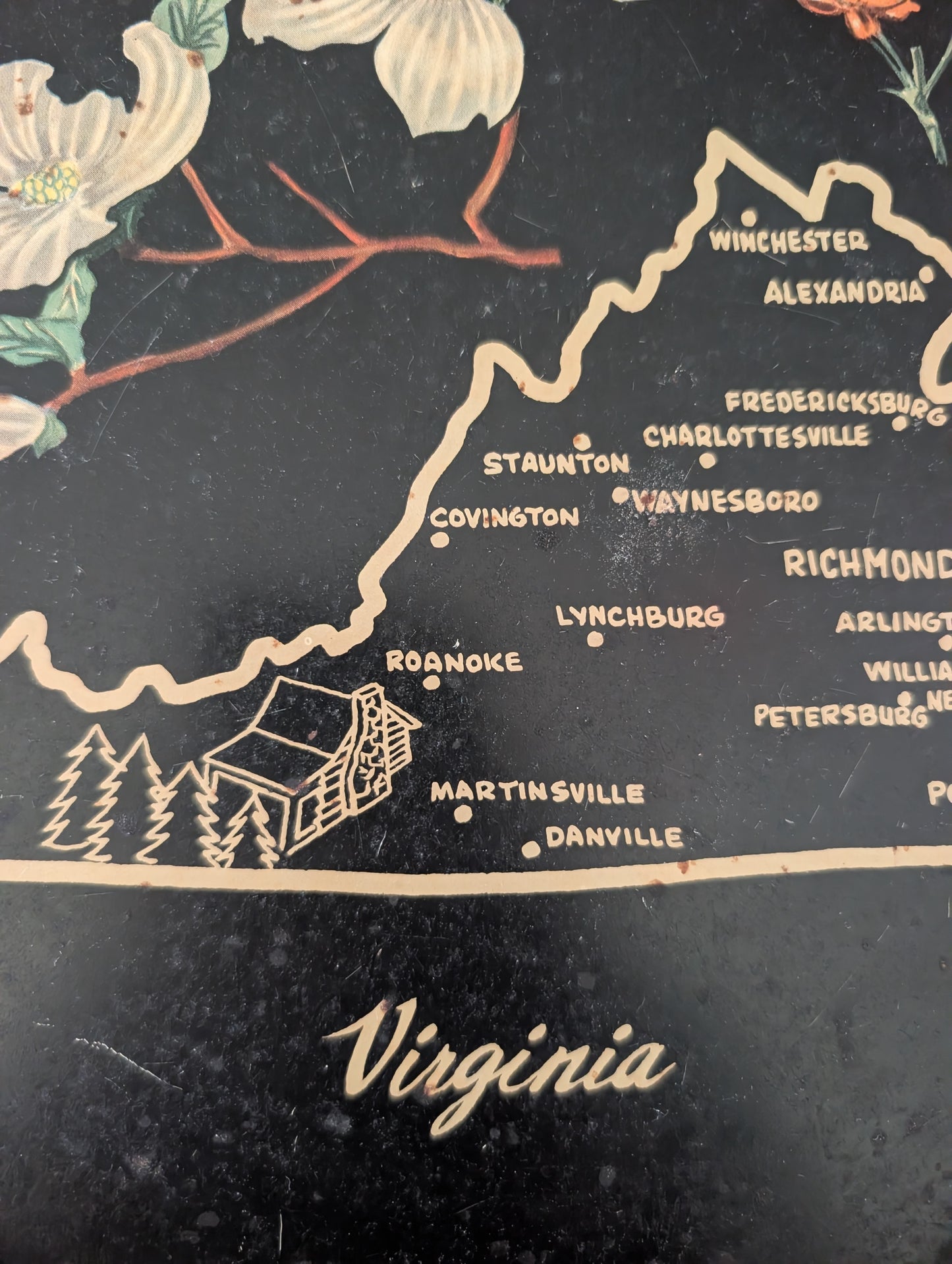 1960s Virginia USA State Black Round Metal Vintage Souvenir Serving Tray