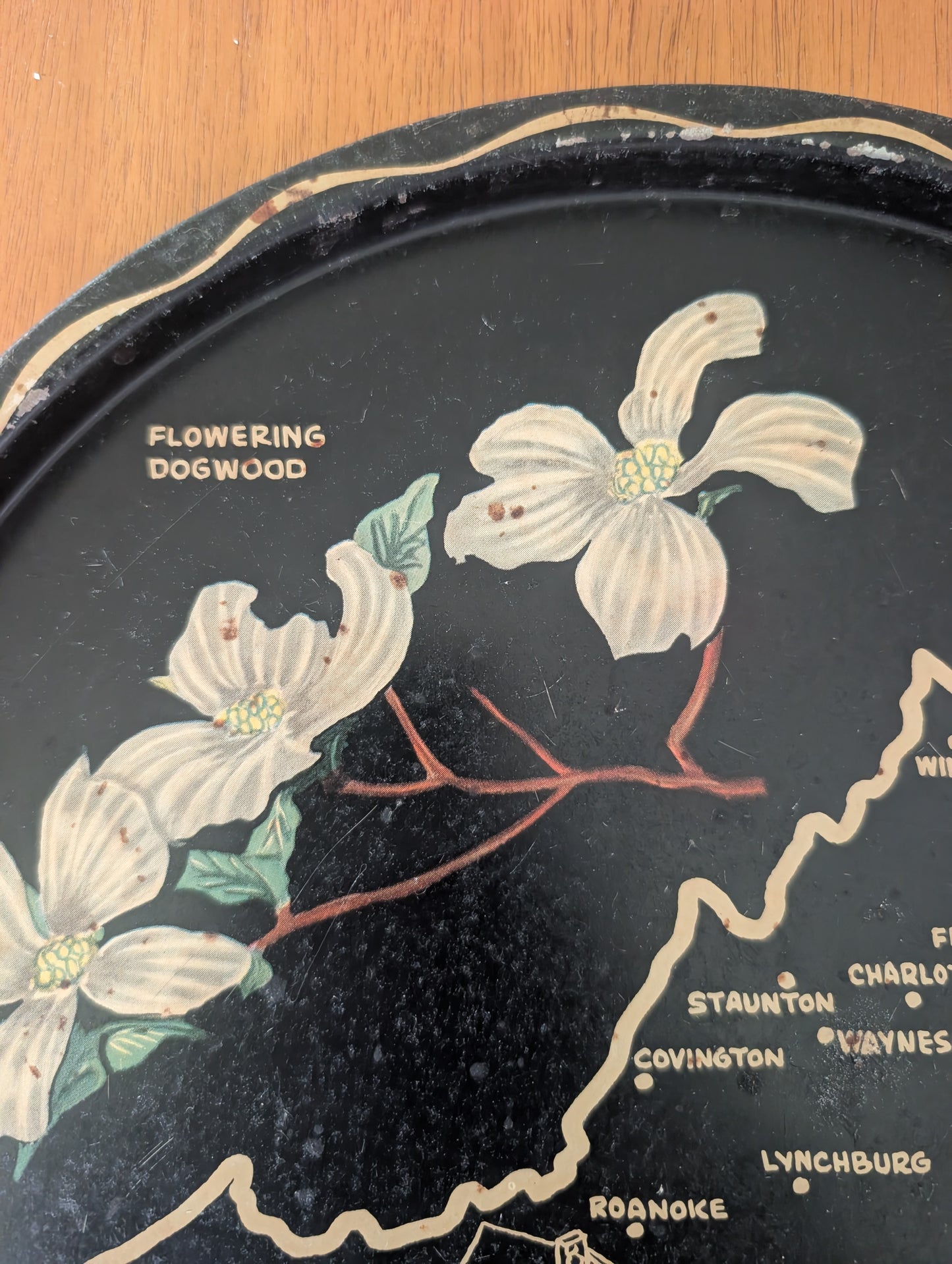 1960s Virginia USA State Black Round Metal Vintage Souvenir Serving Tray