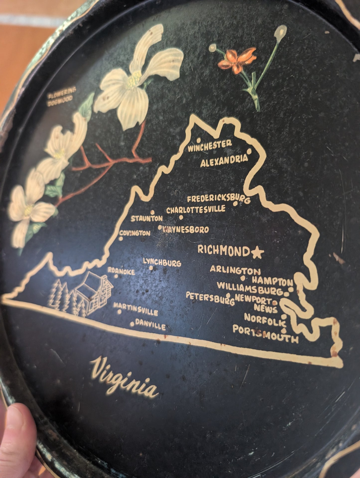 1960s Virginia USA State Black Round Metal Vintage Souvenir Serving Tray