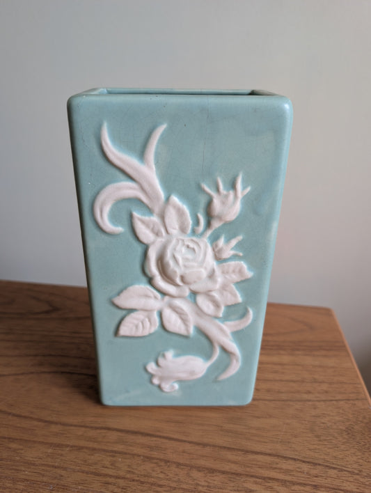 Weller Cameo Pottery 9 Inch Tall Antique Rectangle Vase Green with White Flowers