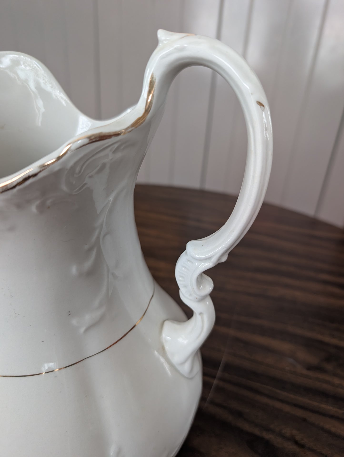 Beautiful White and Gold American 19th Century Ceramic Wash Basin + Pitcher