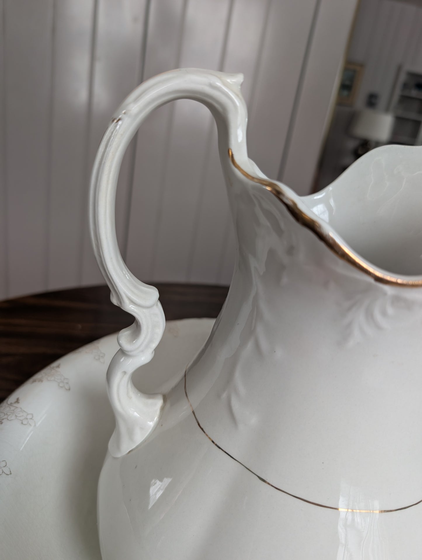 Beautiful White and Gold American 19th Century Ceramic Wash Basin + Pitcher