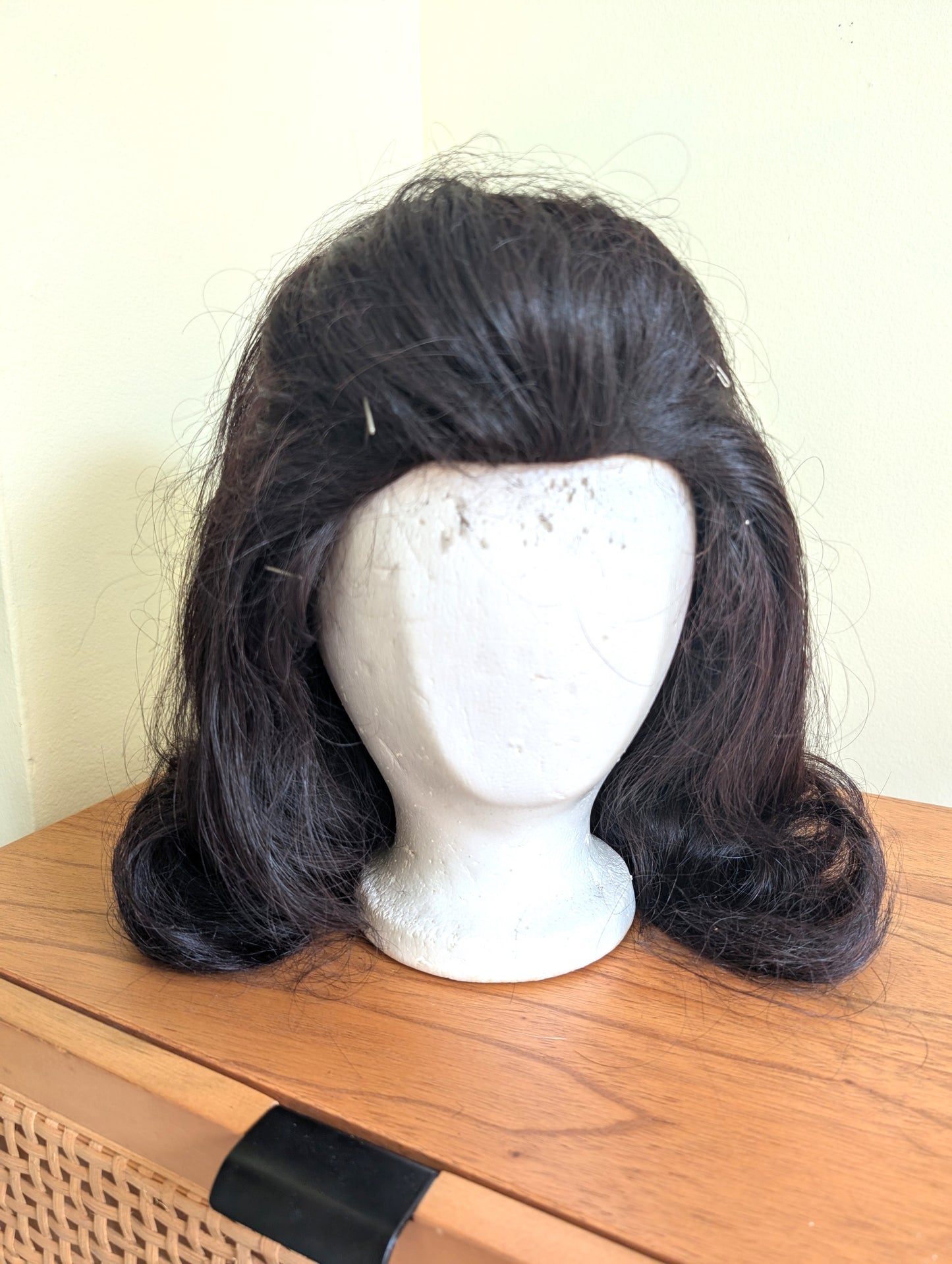 Vintage Mid Century Human Hair Wig from 1950s or 1960s Dark Brown Styled in Italy Made for Tanny's Beauty Cage